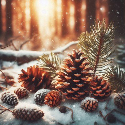 Pine cones covered in snow on a winter forest floor
