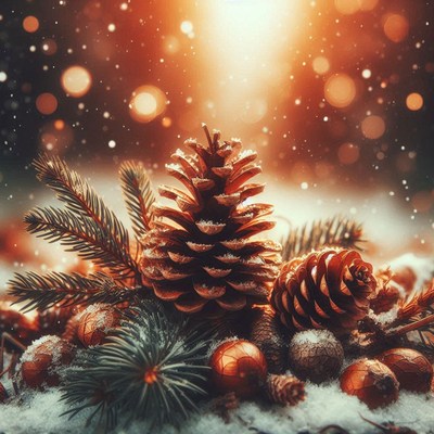 Pine cones and evergreen branches sit in the snow