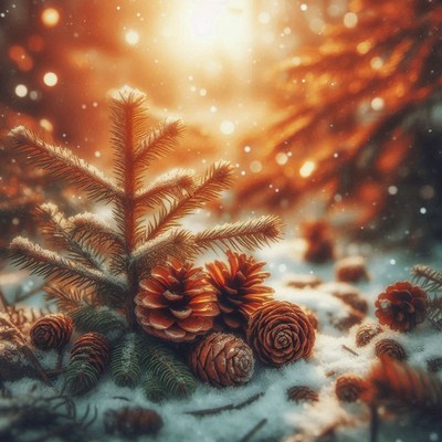 Pine cones in the snow on a winter day