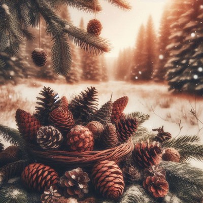 A basket of pine cones sits in a snowy forest