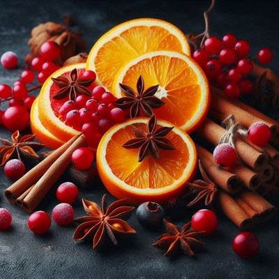Orange slices, cinnamon, and star anise on dark