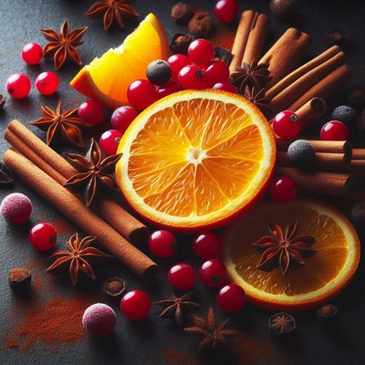 Orange slices, cinnamon, and star anise on dark