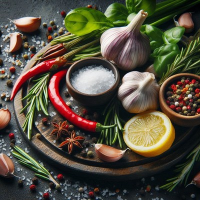 Fresh herbs and spices on a wooden board