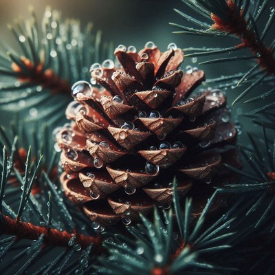 A pine cone covered in dew sits on a branch