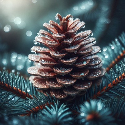 A pine cone covered in dew sits on a branch