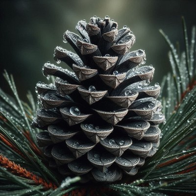 A pine cone covered in raindrops sits on a pine branch
