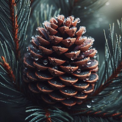 A close-up of a pine cone covered in raindrops