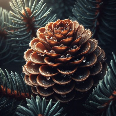 A brown pine cone sits on a branch