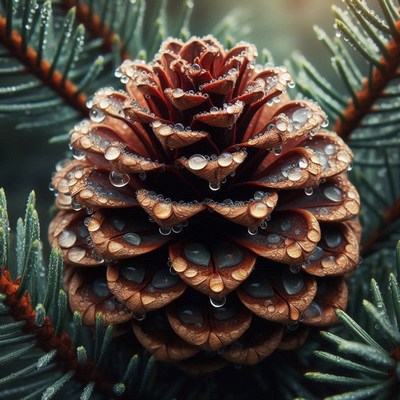 A close-up of a pine cone covered in dew