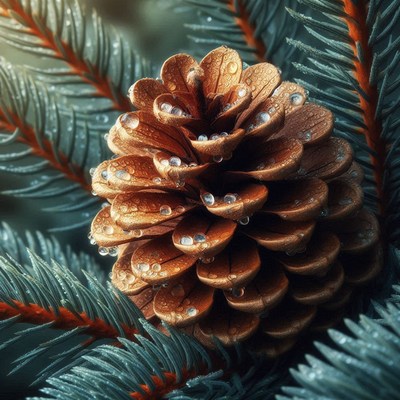 A brown pine cone covered in dewdrops sits on a pine branch