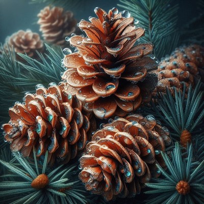 Pine cones covered in dew drops