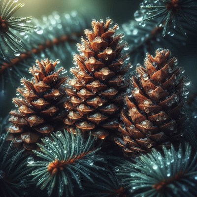 Three pine cones covered in water droplets on a branch