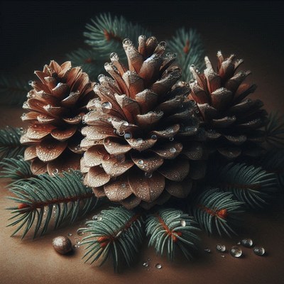 Pine cones with water droplets on spruce branches