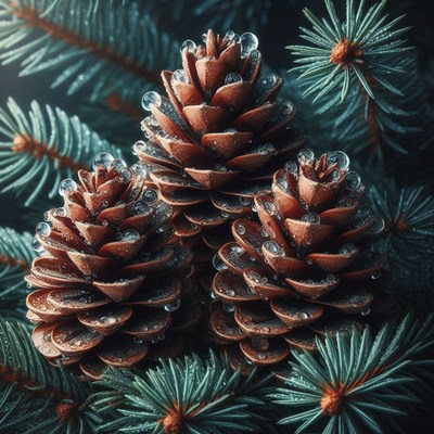 Three pine cones covered in dew sit on a branch