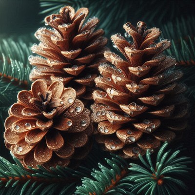 Three pine cones covered in dew sit on a pine branch