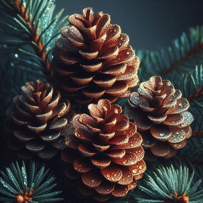 Three pine cones covered in dew sit on a branch