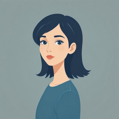 A young woman with short, dark hair looks over her shoulder