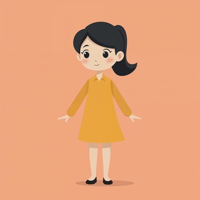 A cartoon girl stands in a yellow dress