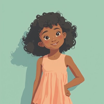 Young girl with curly hair smiles by green wall