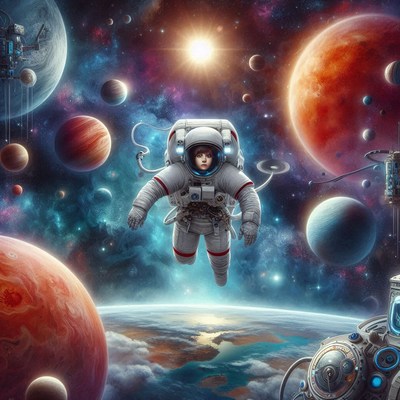 An astronaut floats in space, surrounded by planets