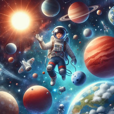 Astronaut floats amid planets and stars