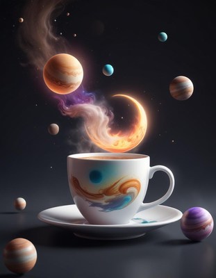 A cup of coffee with a swirling, moon-shaped steam