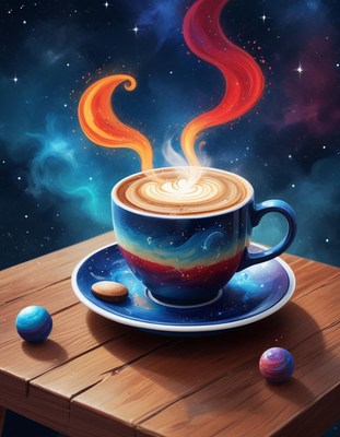 A coffee cup with a galaxy design sits on a wooden table