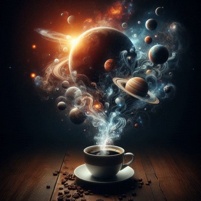 Coffee with swirling galaxies and floating planets