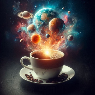 A cup of coffee with planets and stars swirling around it