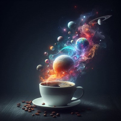 A cup of coffee with a galaxy rising from it