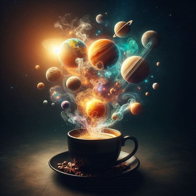 Coffee cup with planets and stars in the steam