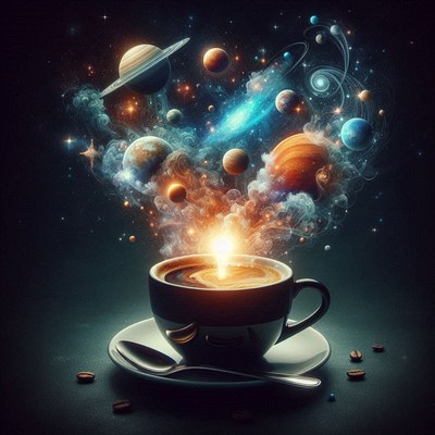 A cup of coffee with a universe rising from it