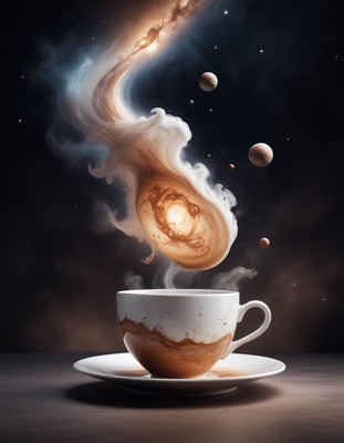 A steaming cup of coffee with a galaxy-shaped swirl of cream