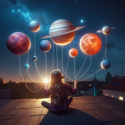 A girl holds strings attached to planets in the night sky