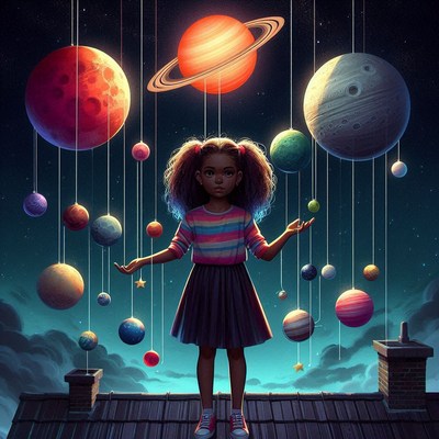 A young girl holds planets on strings on a rooftop