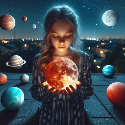 Girl holds a glowing moon in a starry sky