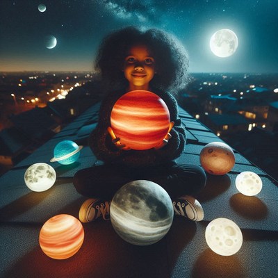 A young girl holds a glowing planet on a rooftop at night