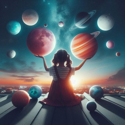A young girl holds planets in her hands on a rooftop