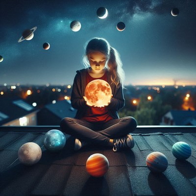 A young girl holds a glowing moon on a rooftop at night