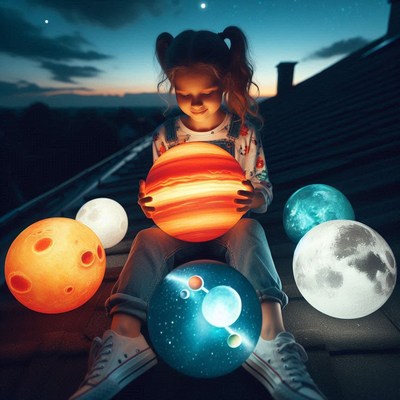 A young girl holds a glowing planet lamp at night