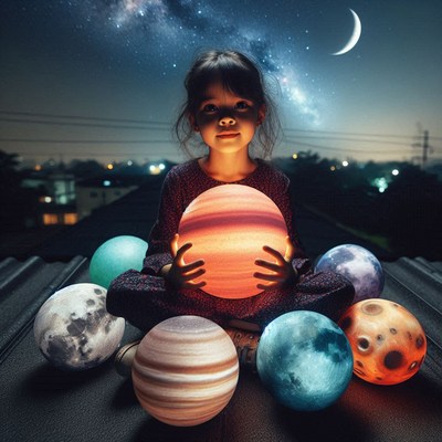 A young girl holds a glowing planet lamp under a starry sky