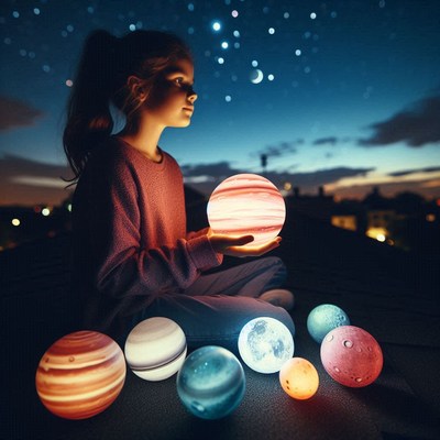 A girl holds a glowing planet lamp under a starry sky