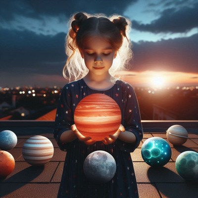 A young girl holds a glowing jupiter on a rooftop