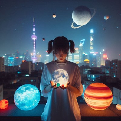 A young woman holds a glowing moon in a city at night