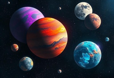 A vibrant, swirling planet dominates the starry night