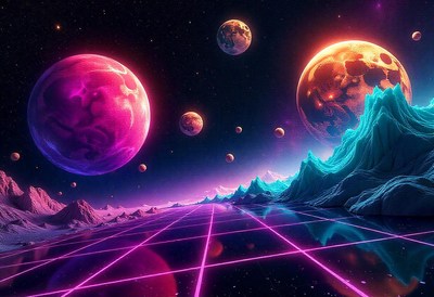 Glowing planets in a gridded, futuristic landscape