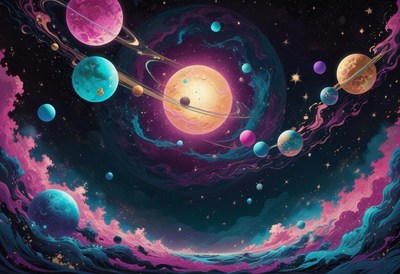 A colorful galaxy with many planets and a bright star