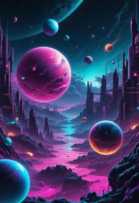 Futuristic city under a pink and blue sky with planets