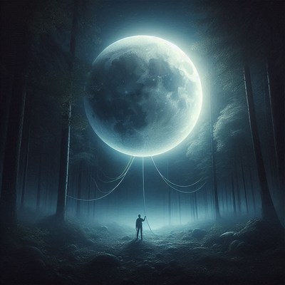 A man holds a large moon in a misty forest