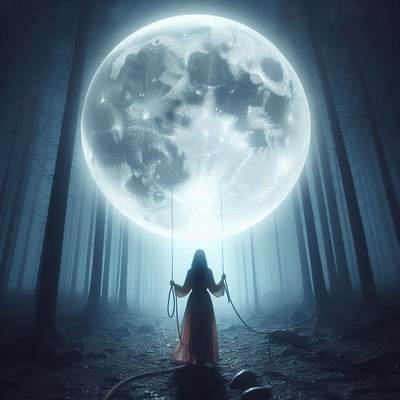 A woman swings a large moon in a dark forest
